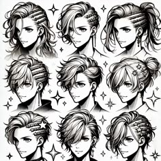 the different hairs styles and haircuts for anime character design, from male to female