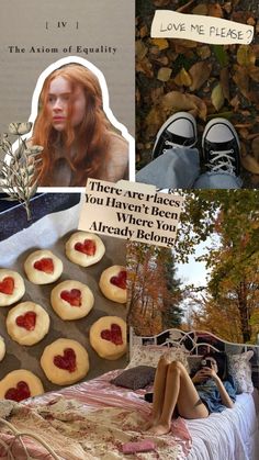 a collage of photos with words and pictures on them including cookies, trees, people in the background