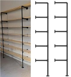 two shelves are shown with hooks on them