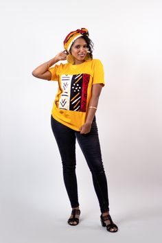 Our beautiful Jasmine T-shirt is inspired by Ankara, with a matching pre-tied headband, which requires no wrapping. Very good quality Lightweight and comfortable to wear Size available: XXL Country of origin: Nigeria Color: Yellow Fabric: 💯 Cotton Product weight: 0.5kg Care instructions: Hand or machine wash at 30 degrees minimum.. African Tshirts Prints, Ankara Ladies Shirts, T Shirt Wax, Tied Headband, African Print Shirt, Skirt Shorts, African Inspired Fashion, Ankara Style, T Shirts Women