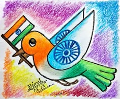 a drawing of a bird with the flag of india on it's back wing