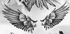 two black and white drawings of wings flying in the sky