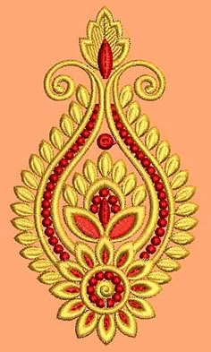 an embroidered design with red and yellow colors on a peach colored background in the shape of a paisley