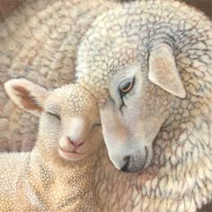 a painting of two sheep with their faces close together