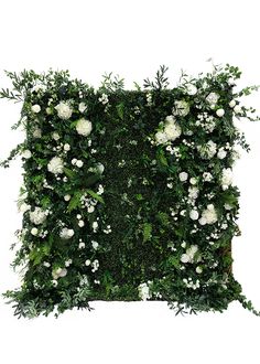 a green wall with white flowers and greenery