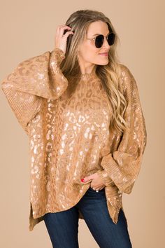 Metallic Cheetah Sweater, Taupe :: NEW ARRIVALS :: The Blue Door Boutique Trendy Metallic Tops For Fall, Trendy Gold Tops For Fall, Chic Gold Sweater For Fall, Metallic Long Sleeve Tops For Fall, Long Sleeve Sequin Sweater For Fall, Glamorous Fall Sweater For Night Out, Oversized Party Tops For Fall, Oversized Fall Party Tops, Gold Sequin Tops For Fall