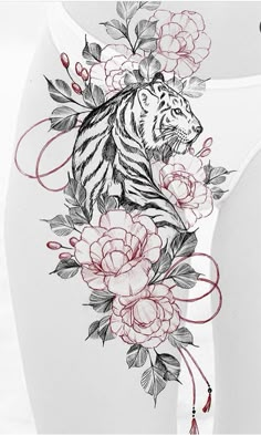 a tiger and flowers tattoo design on the back of a woman's bra top