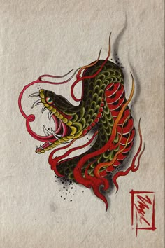 a drawing of a red and green dragon on white paper