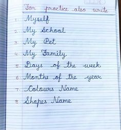 a notebook with writing on it that says, misspel my school my pet my family days of the week months of the year