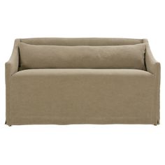 a beige couch with two pillows on it's back and one arm facing the camera