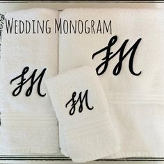 two white towels with the words wedding monogram on them