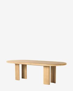 an oval wooden table against a white background