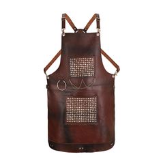 a brown leather apron with metal studdings on the front and back straps,