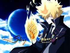 an anime character with blonde hair and black clothes, holding his hand up to the sky