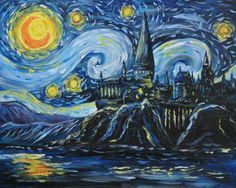 the starry night over hogwarts castle is painted with acrylic paint