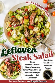 a flyer for a steak salad with lettuce, tomatoes and other vegetables on it