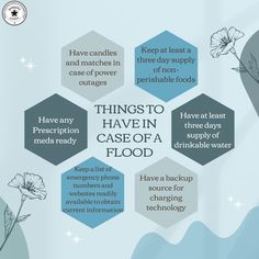 an info sheet describing things to have in the case of a flood that includes flowers and water