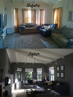 before and after photos of a living room with couches, windows, and rugs