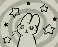 a black and white drawing of a rabbit with stars