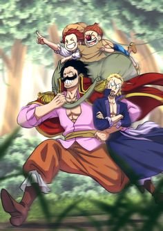 one piece characters running through the woods with their arms around each other while another person holds on to his shoulder