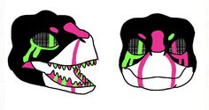 two masks with pink and green designs on their faces, one in the shape of a dinosaur's mouth