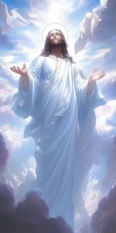 jesus standing in the clouds with his arms outstretched