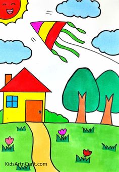 a child's drawing of a house and trees with a kite in the sky