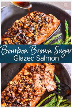 bourbon brown sugar glazed salmon and asparagus on a black plate with sauce being drizzled over it