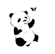 a black and white drawing of a panda bear with a butterfly flying above it's head