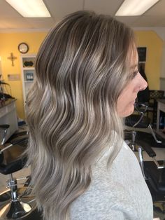 Balayage On Greying Hair, Ash Brown Hair With Dimension, Icy Blonde Highlights On Brown Hair, Short Haircut For Thick Hair, Greyish Blonde Hair, Ash Blonde Hair With Highlights, Cool Blonde Balayage, Mushroom Blonde, Frosted Tips