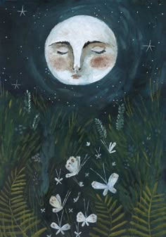 a painting of a cat sleeping on top of a lush green field under a full moon