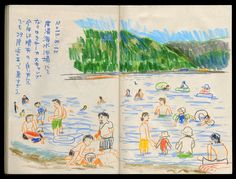 an open book with drawings of people on the beach and in the water, written in chinese