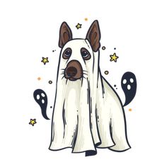 a white dog with brown ears and eyes sitting in front of some black ghost legs