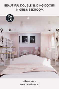 a bedroom with pink walls and white furniture