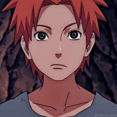 an anime character with red hair and big eyes looking at the camera while standing in front of a tree