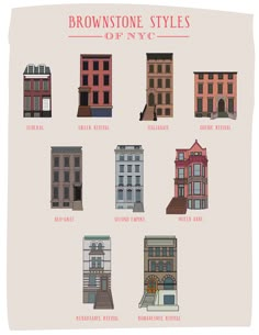 the brownstone styles of nyc are shown in different colors and sizes, along with their names