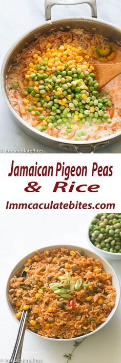 an image of jamaican pigeon peas and rice in a pan with the title above it