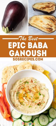 an eggplant, cucumber and carrots with text overlay that reads the best epic baa gamoush