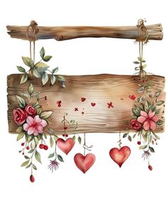 a wooden sign with flowers and hearts hanging from it's sides, on a white background