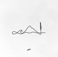 a line drawing of a mountain with trees on top and the word weird written in it