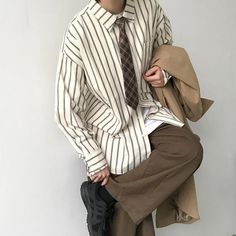 Shirt For Men Casual, Striped Shirt Men, Button Fashion, Korean Clothes, Long Sleeve Layer, Retro Tops, Casual Suit, 가을 패션, Korean Outfits