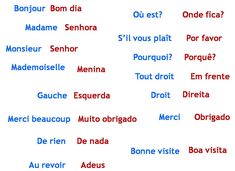 the words in different languages are shown on a white background with red and blue lettering