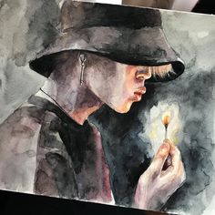 a watercolor painting of a woman holding a lit candle in her right hand and wearing a black hat