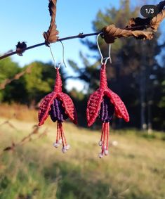 two crocheted flowers hanging from a tree branch