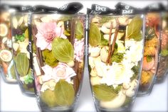 several vases filled with different types of flowers and leaves on display in front of a white background