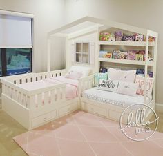 a child's room with a bed, book shelf and bookshelf in it