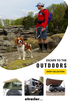 Man with backpack on hike with small dog; camping gear including a rooftop tent, portable shower, and vehicle awning. Camping Trip, Tent Camping