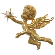 Sapphire Eyes, Angel Brooch, Cherub Angel, Diamond Star, Vintage Brooches, Estate Jewelry, Antique Jewelry, Blue Sapphire, Brooch Pin