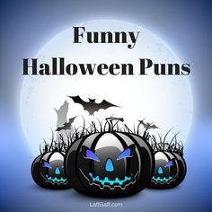 halloween pumpkins with bats on them and the words funny halloween puns in front of a full moon