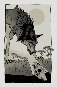 a drawing of a person reaching out to a wolf that is eating something on the ground